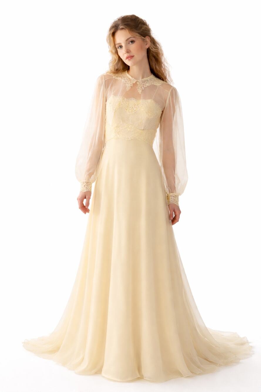 VTG 70s Pale Yellow Chiffon Maxi Dress Sheer Lace Jacket Boho Prairie Romantic